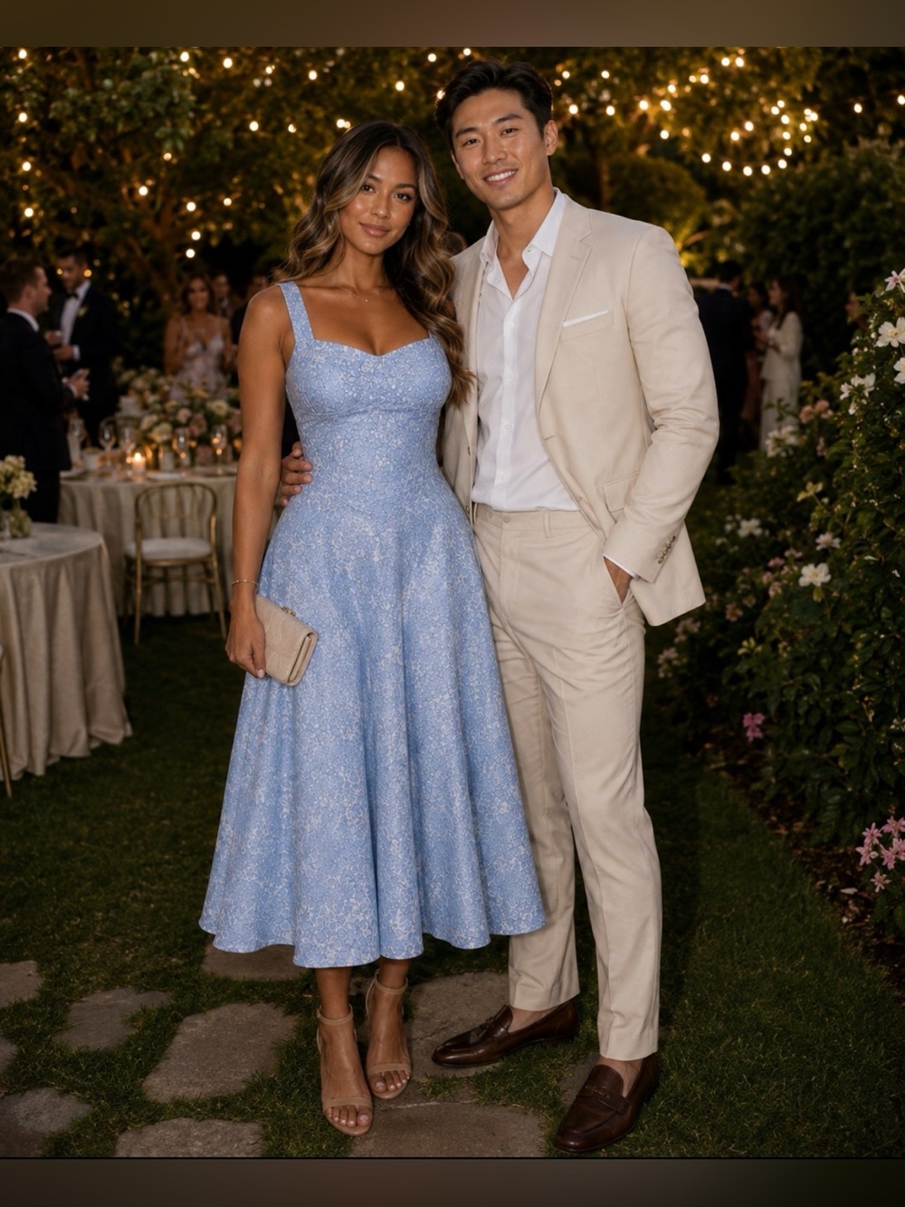 Light Blue Floral Jacquard Halter Midi Dress
